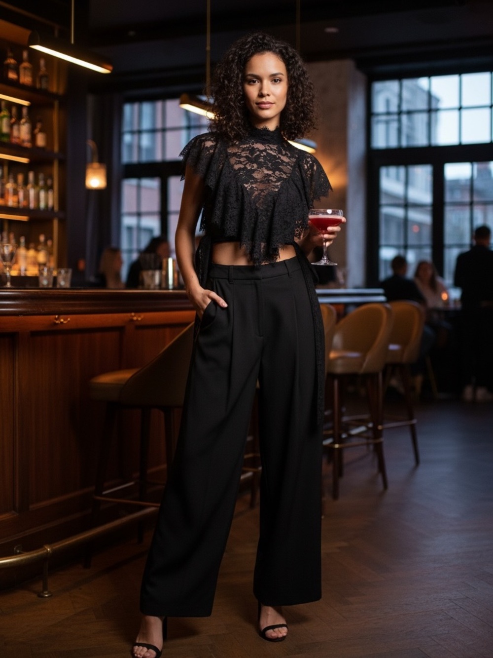 Catherine Ruffled Lace Black Crop Top - Picture 2 of 12